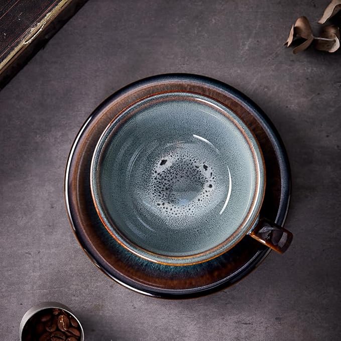 Coffeezone Vintage Design 12 oz Ceramic Latte Art Cappuccino Barista Cup with Saucer (Fog Grey) - Image 4