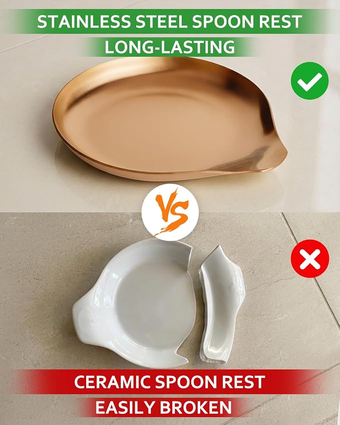 VanlonPro Stainless Steel Spoon Rest, Spatula Ladle Holder, Stainless Steel Utensil Spoon Rest Holder, Brushed Finish, Dishwasher Safe 5.9 x 5.1 Inch (Round Rose Gold 1PC) - Image 7