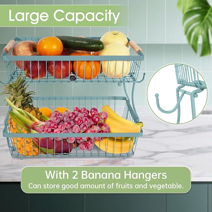 Fruit Basket Bowl 2 Tier Detachable with 2 Banana Hangers, Fruit Stand Holder for Kitchen Countertop, Metal Wire Vegetable Storage Organizer, for Bread Snack Veggies Produce, blue - Image 3