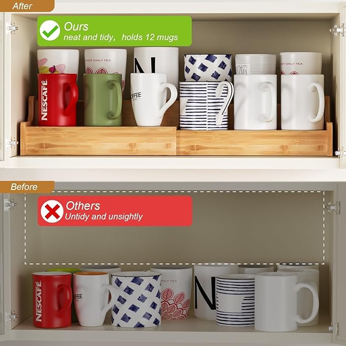 Hongtamoya 2-Tier Expandable Bamboo Coffee Mug Holder, Mug Organizer for Kitchen Cabinets, Mug Cup Rack, Multi-Functional Cup Holder Shelf, Coffee Bar Organizer, Home - Image 4