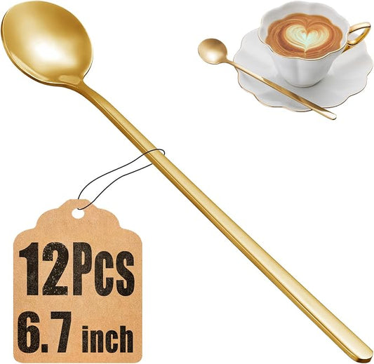 12 Pcs Coffee Spoons Set, 6.7" Gold Tea Spoons Long Handle, Gold Small Teaspoons, Stainless Steel Espresso Spoon, Long Spoon for Stirring, Coffee Bar Accessories by MUTNITT
