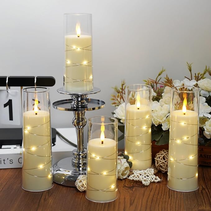 Flameless Candles,with Embedded Star String, Battery Operated Candles Flickering LED Pillar Candles with Remote Control and Timer, Home Decoration Add a Warm and Romantic Atmosphere，Set of 7 (Ivory) - Image 2