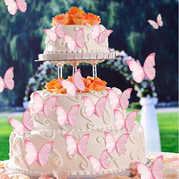48Pcs Edible Butterflies for Cake Decorations Pink Wafer Paper Butterfly Cupcake Toppers Wafer Glutinous Paper Butterflies for Wedding Baby Shower Kids Birthday Party Cupcakes Decorating (Pink) - Image 5
