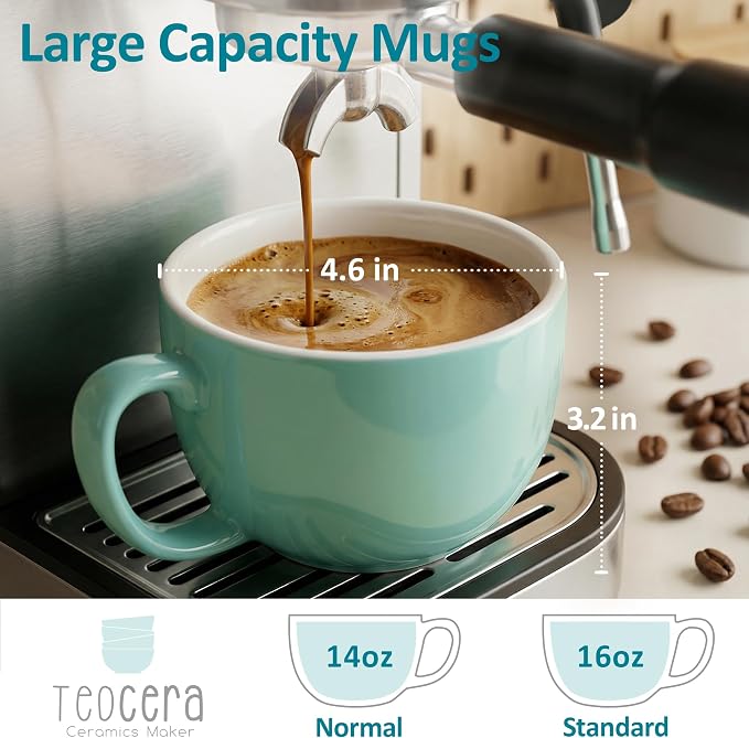 Teocera 16oz Large Coffee Mugs Set of 4 - Thick Mint Green Porcelain Cups for Cappuccino, Latte, Tea & Hot Chocolate - Dishwasher Safe Ceramic with Comfort Grip Handles - Image 3