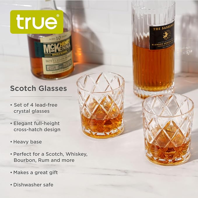 True Diamond Crystal Scotch Bourbon Whiskey Glasses, Old Fashioned Glasses Drinking Set, Whiskey Tumblers, Premium Bar Glassware Set of 4, 11 oz - Image 2