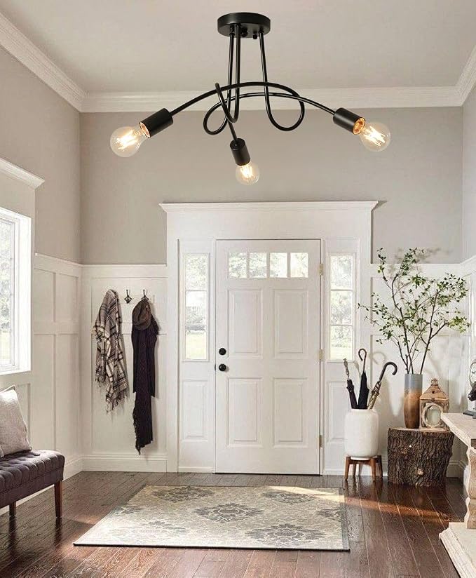 Modern Farmhouse Chandelier,22 Inch 3 Light Sputnik Semi Flush Mount Ceiling Light, Metal Black Rustic Light Fixture for Dining Room Bedroom Kitchen Hallway Entryway - Image 8
