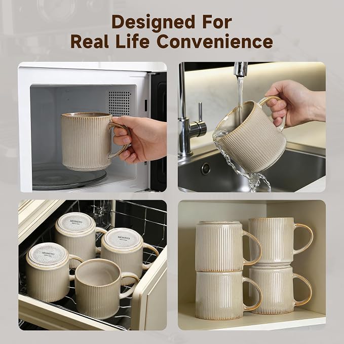 MONITO 16Oz Coffee Mugs Set of 4, Rustic Ceramic Coffee Cups Set with Large Handle, Vintage Striped Stoneware Coffee Mugs for Latte, Cocoa, Tea, Milk, Microwave & Dishwasher Safe, Bonbon Beige - Image 4