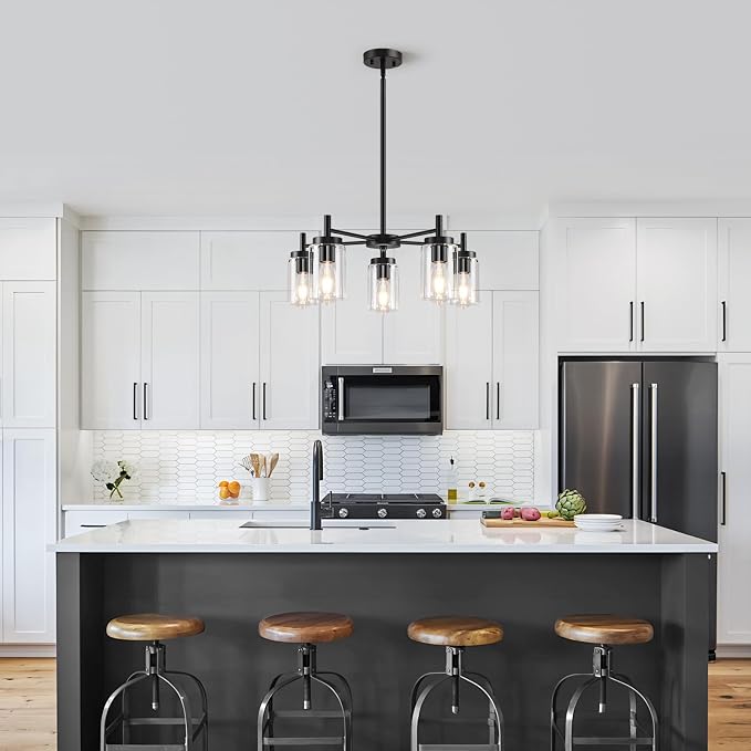 5 Lights Black Modern Farmhouse Chandelier for Dining Room with Glass Shade, Pre-Wired Height Adjustable Pendant Light Ceiling Lighting Fixture for Dining Living Room Bedroom Kitchen Foyer - Image 2