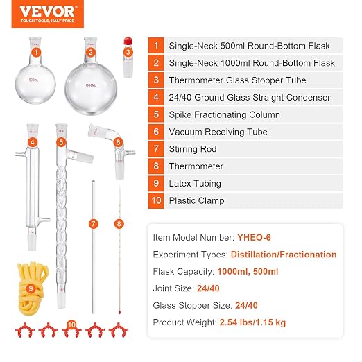 VEVOR Laboratory Distillation Set, 3.3 Borosilicate Glass Equipment with 24/40 Joint, 1000ml Capacity for Essential Oil Extraction, 14-Piece Glassware Kit - Image 7