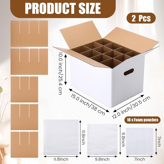 MotiMind 2 Sets Wine Glass Moving Boxes with Divider Kits Kitchen Moving Boxes 15 x 12 x 10 Inches Glassware Packing Box with 18 Foam Pouches for Glasses Packing Supplies - Image 2
