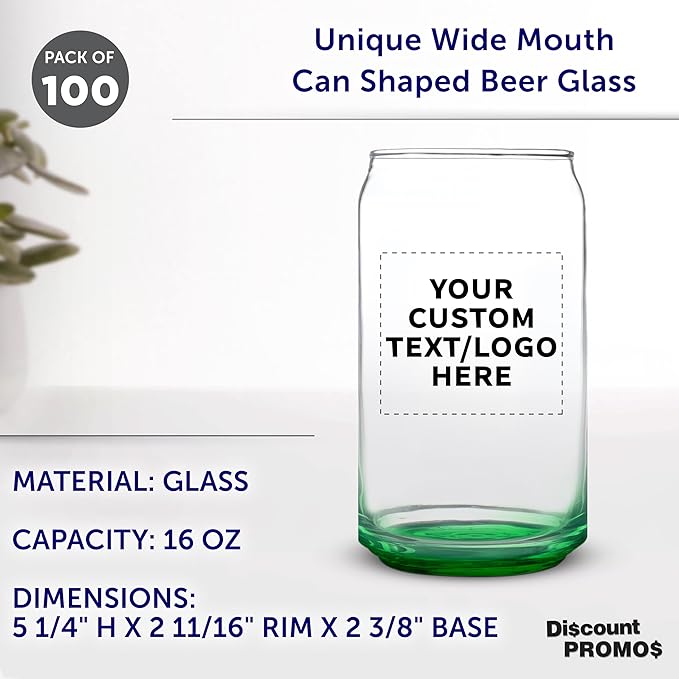 Custom Beer Can Glasses Set of 100, 16 oz. Pint Sized, Promotional Text, Logo, Soda Can Shape, Glassware, Green
