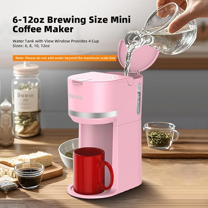 Horavie Mini Single Serve Coffee Maker for K-Cup Pod and Grounds, Fast Brew One Cup Coffee Machine with Descaling Reminder and Water Window, 6 to 12 oz. Brew Sizes, Pink - Image 6