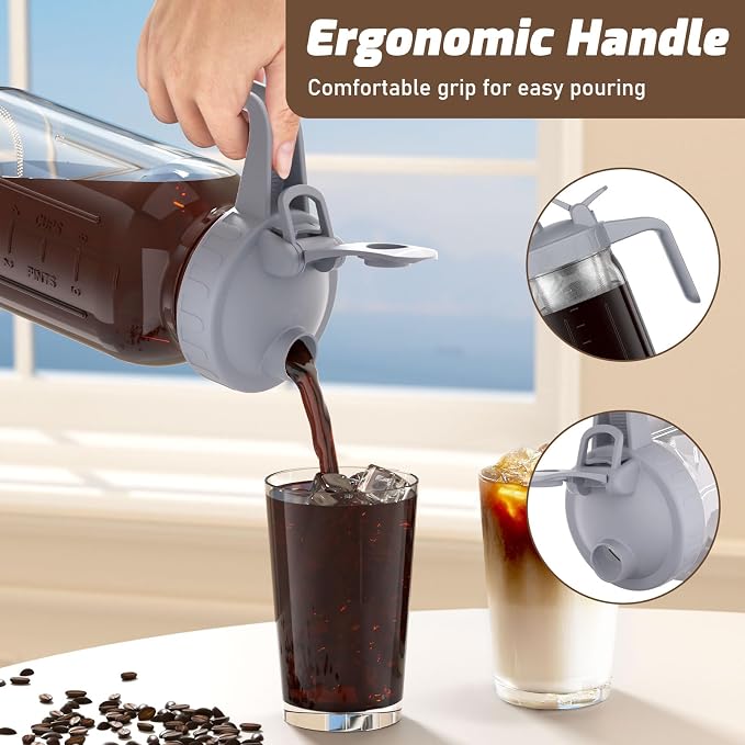 Cold Brew Coffee Maker, 64 oz Glass Mason Pitcher | 100μm stainless steel filter, wide mouth design, leak-proof lid with handle, pour spout for iced coffee, tea and cold drinks - Image 7