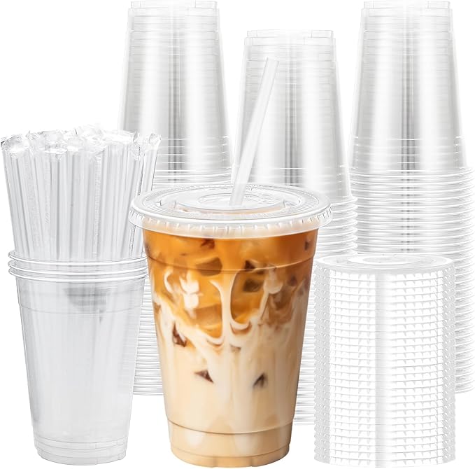 16 oz 50 Pack Plastic Cups with Lids and Straws, Sturdy Food Safe Iced Clear Coffee Cups Disposable Smoothie Cups for Cold Drinks