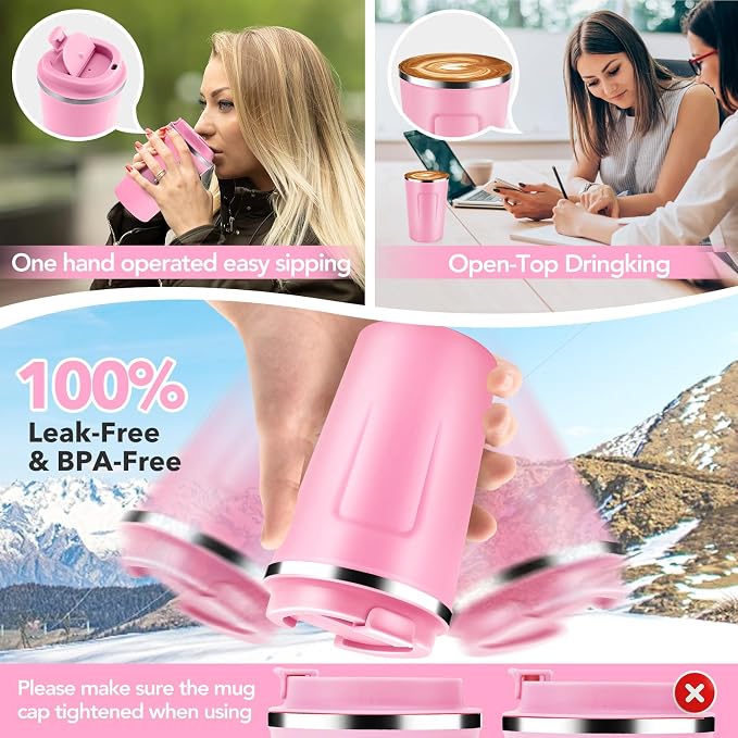 Volhoply 12 oz Double Wall Insulated Vacuum Travel Coffee Mugs with Flip Lid Bulk 2 Pack,Reusable Stainless Steel Leak Proof Coffee Cup,Portable Cafe Thermal Tumbler for Hot & Cold Drinks(Pink,2 Set) - Image 6
