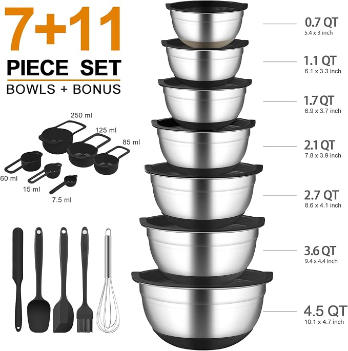 Mixing Bowls with Airtight Lids, 18pcs Stainless Steel Mixing Bowls Set | Nesting Non-slip Silicone Bowls Bottom, Size 4.5, 3.6, 2.7, 2.1, 1.7, 1.1, 0.7 qt, Fit for Mixing & Serving(Black) - Image 4