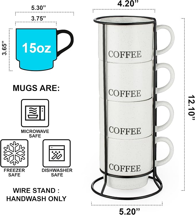 Signature Housewares Stackable Coffee Mug Tower Set with Metal Wire Rack - 15 Ounce Coffee Mugs for Coffee, Tea, Cocoa, Milk, Cappuccino, Hot Chocolate Set of 4 - White Coffee - Image 2