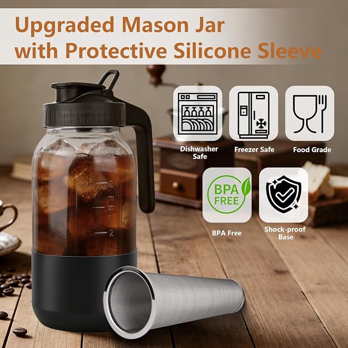 Cold Brew Coffee Maker, 64oz Mason Jar Pitcher with Stainless Steel Filter, Leak-Proof Lid with Pour Spout & Handle, Heavy Duty Glass Iced Coffee Tea Brewer with Protective Silicone Sleeve-Black - Image 2