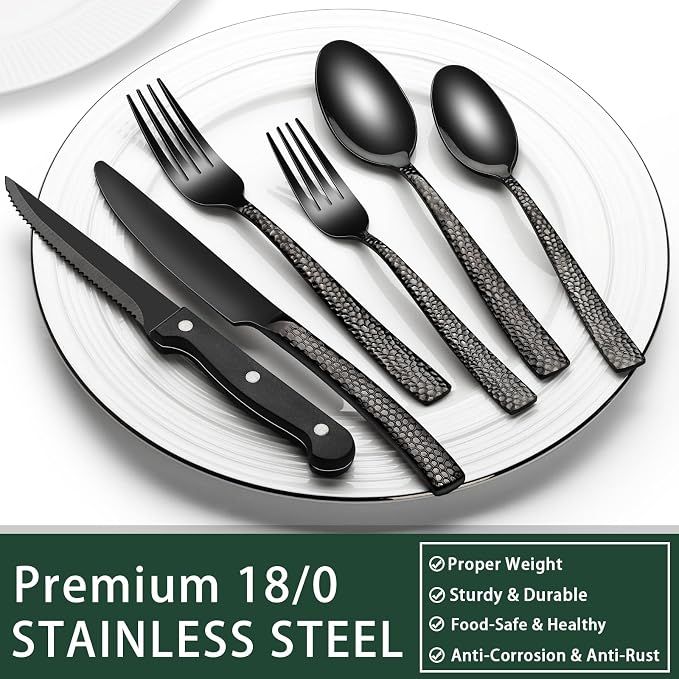 EWFEN 24-Piece Black Silverware Set with Steak Knives, Black Flatware Set for 4, Food-Grade Stainless Steel Tableware Cutlery Set, Mirror Finished Utensil Sets for Home Restaurant, Wave Hammered - Image 5