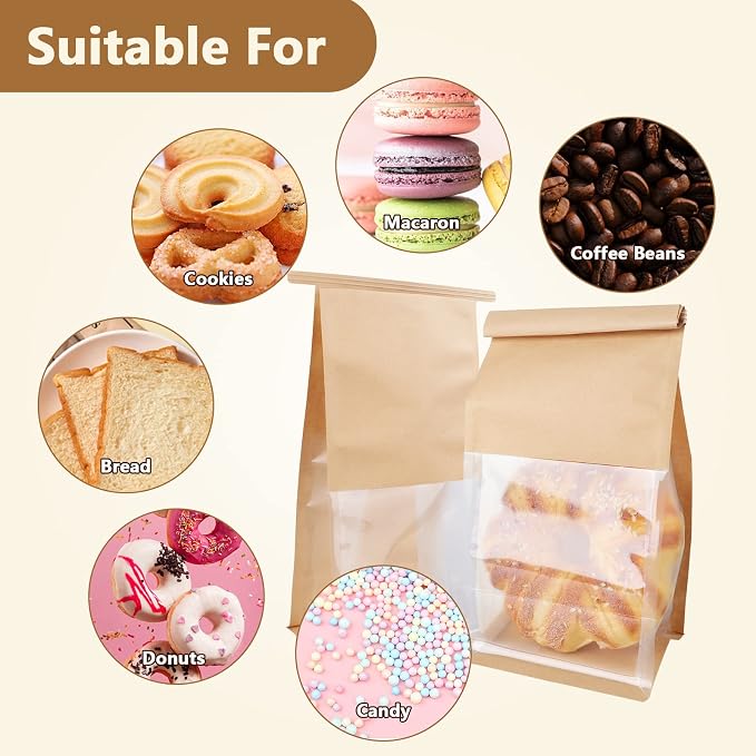 WOPPLXY 100 Pcs Bakery Bags with Window, 5.11 x 11 x 4.33 Inch Brown Kraft Paper Tin Tie Tab Lock Candy Bags Brown Window Bag, Small Kraft Paper Bag for Coffee Food Candy Gift Packaging Party - Image 5