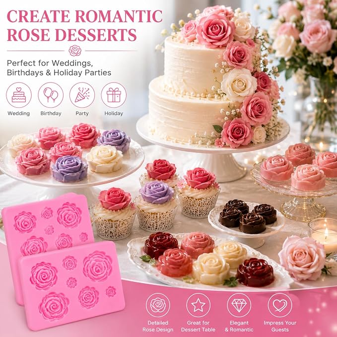 2 Pack Rose Flower Silicone Molds, Food Grade Non-Stick Molds for Cake Chocolate Mousse Jelly Fondant Sugarcraft Wedding Party Baking - Image 6