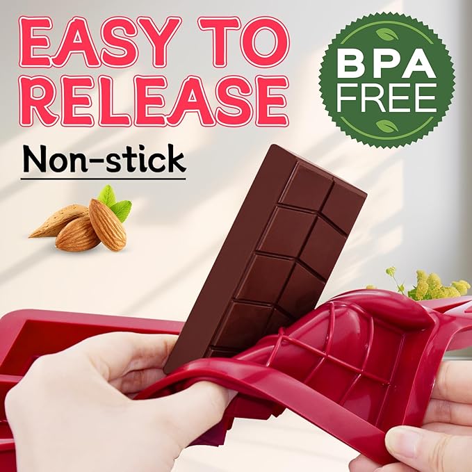 Chocolate Bar Mold 0.82inch Deep 2 Pack,Thick Dubai Stuffed Pistachio Silicone Molds Kit for Making Large Shapes Filling Candy Granola Bar and Pastry