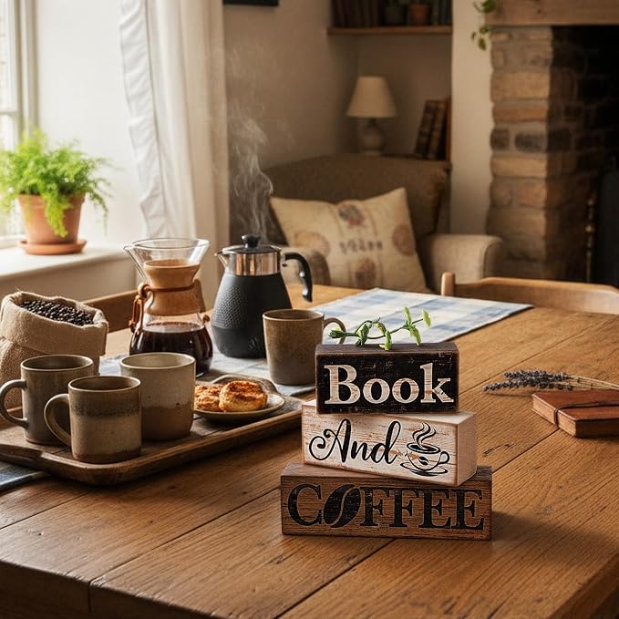 Moucuny 4 Pcs Farmhouse Table Decor Rustic Wooden "book and Coffee" Stacked Block Sign - Vintage Farmhouse Tiered Tray Decor with Coffee Cup & Bean Design, Perfect for Home Office Bookshelf Display - Image 4