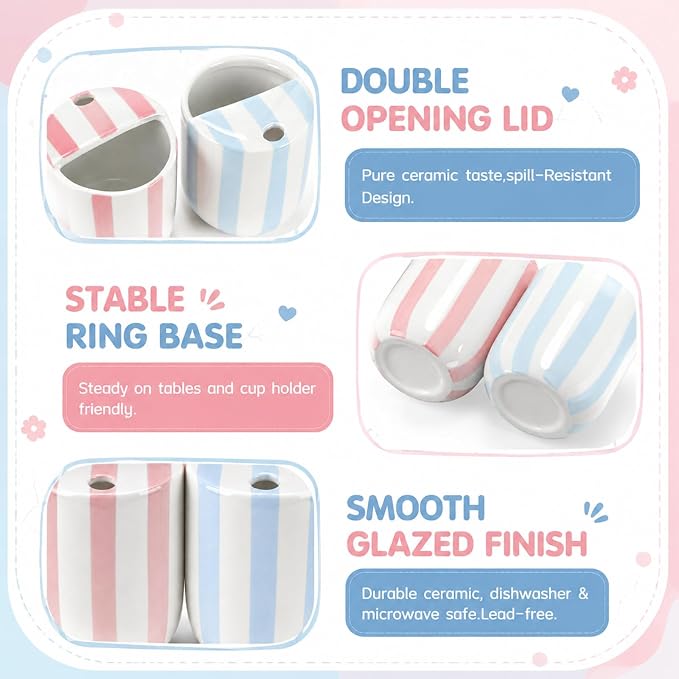 2 Pcs Ceramic Mug with Sip Hole 10 oz Novelty Pink Light Blue Striped Coffee Mug Hand Painted Ceramic Cup Heat Resistant Non Slip Built in One Lid Handcraft Mugs for Coffee Lovers Gift - Image 3