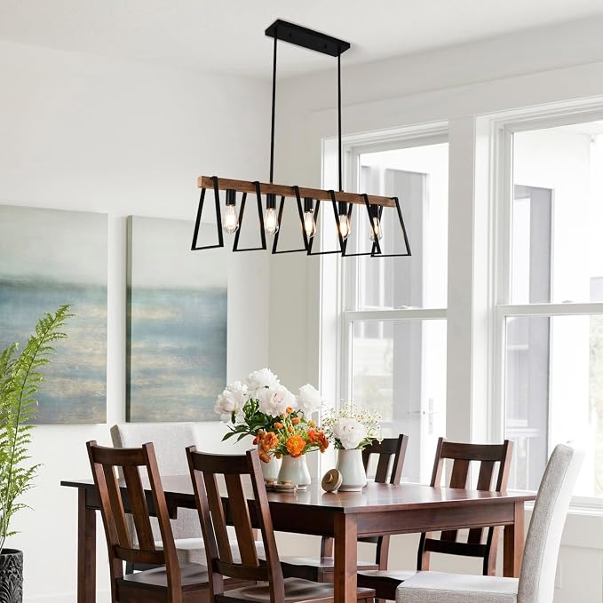 Rustic Wood Chandeliers Farmhouse 5 Light Dining Room Light Fixtures Mid Century Modern Black Linear Chandelier Industrial Kitchen Island Rectangle Pendant Light - Image 6