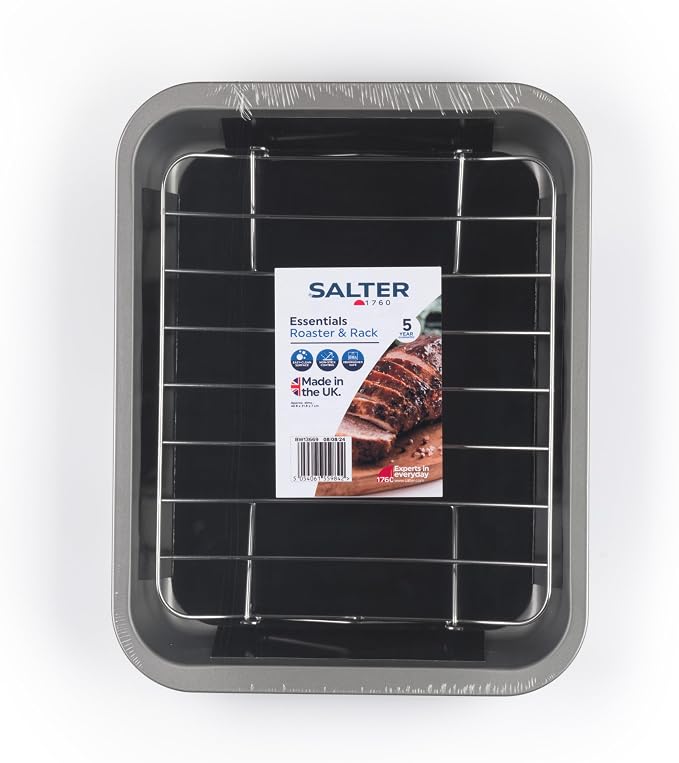Salter Essentials Roasting Tray 41 Cm, Rectangular Carbon Steel | Non-Stick PFOA-Free Coating, Dishwasher Safe, High Sides For Roasting Joints And Vegetables, Made In The UK, Silver Interior - Image 7