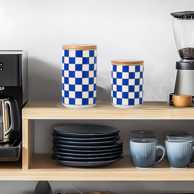 Kitchen Countertop Ceramic Checkered Canisters,Black And White Food Storage Containers With Lid,Airtight Kitchen Canisters for Flour, Sugar, Coffee, Tea, and Dry Goods (Blue, Large) - Image 9