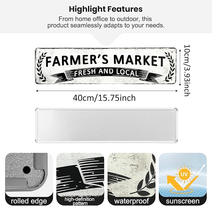Farmer’S Market Poster Farmhouse Sign Rustic Wall Decor Vintage Metal Sign 4×16 Inches For Farm Home Kitchen - Image 2