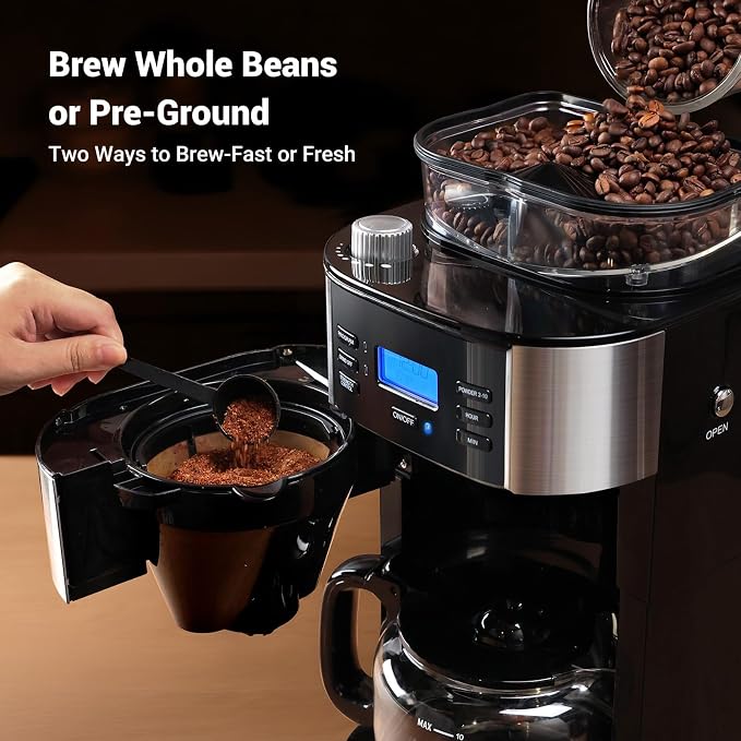 Gevi 10-Cup Grind-And-Brew Drip Coffee Maker with Built-In Burr Grinder | Programmable Timer, 1.5L Water Tank, 2-Hour Auto Keep-Warm, Durable Reusable Permanent Filter for Daily Coffee Brewing - Image 2