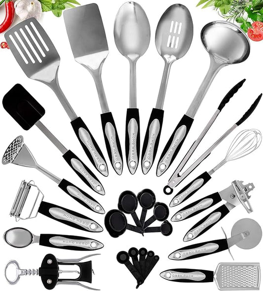 Home Hero Stainless Steel Kitchen Utensils Set - Heat-Resistant Silicone & Nonstick Tools - Durable Stainless Steel Kitchen Gadgets - Complete Kit Measuring Cups & Spoons - 41-Piece Set | Heat-Resistant Stainless Steel Kitchen Utensil Set - Measuring C... by HomeHero