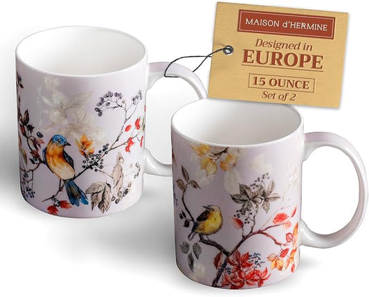 Maison d' Hermine Coffee Mug with Handles Tea Cups (15 Ounce, Pack of 2) | Fine Bone China Coffee Mugs for Hot Beverages Cappuccino Latte Home Restaurant Hotel Spring Summer -Equinoxe - Grey by MaisondHermine