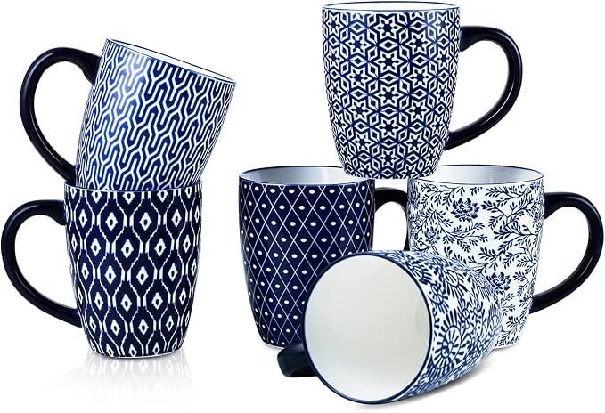 Selamica 16 oz Ceramic Coffee Mugs Set of 6, Ceramic Tea Cup with Handle, Dishwasher oven microwave safe, Vintage Blue by Selamica