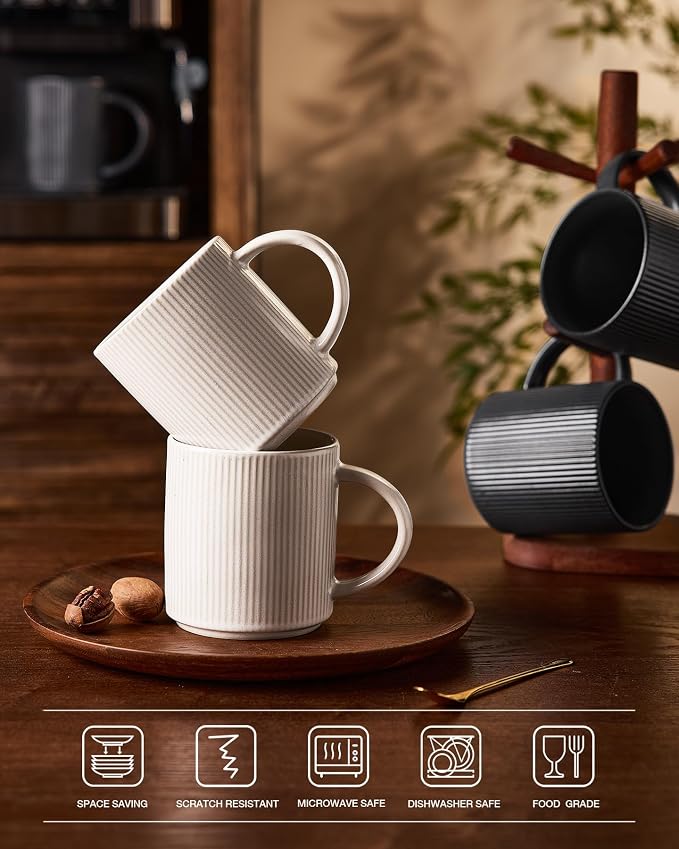 famiware Coffee Mug Set for 4, Star 16 oz Catering Mugs Cup Set with Handle for Coffee, Tea, Cocoa, Milk - Ceramic Stoneware Drinkware Set, Matte White + Matte Black - Image 7