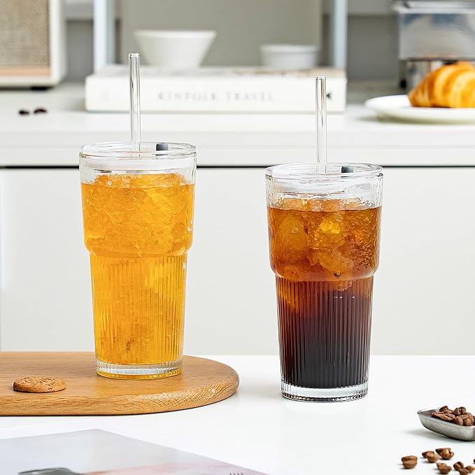 SoulTimes 20oz Wave Ribbed & Wavy Glass Tumbler with Lid and Straw – Iced Coffee Glasses Cups for Smoothie, Matcha, Juice, Water etc. Leakproof and Reusable Glassware Drinking for Travel To Go [4 Pcs] - Image 6
