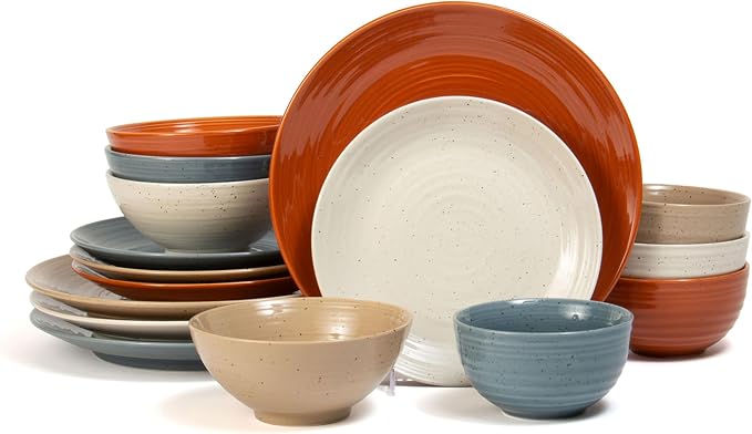 Sango Siterra Painter's Palette 16-Piece Stoneware Dinnerware Set - Service for 4, Ceramic Plates and Bowls Sets, Chip Resistant, Rustic Dishware, Microwave & Dishwasher Safe Kitchen Dishes by Sango