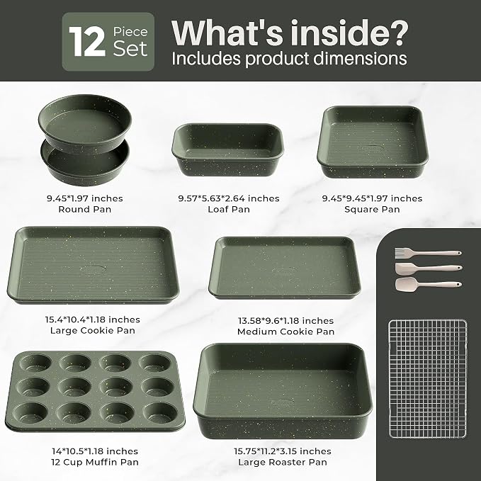 12-Piece Nonstick Baking Set, Non-Toxic Bakeware Set - Ceramic Coated Green | With Baking Sheet, Cake Pan, Square Pan, Loaf Pan, Roasting Pan, Muffin Pan, Cookie Sheet, Cooling Rack & Kitchen Utensilss - Image 2