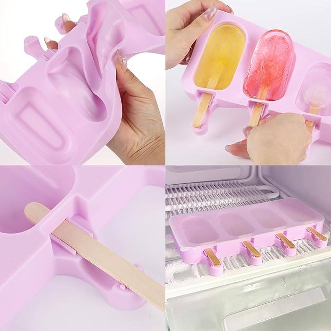3 Set Violet Popsicles Molds with Lids and 100 Pcs Wooden Popsicles Sticks, Standard Size 4 Cavities Silicone Ice Pop Molds for Making Cakesicles, Cake Pops, Ice Cream - BPA Free