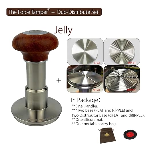 The Force Tamper Automatic Impact Adjustable Constant Pressure and Autoleveling Coffee Tamper Reddish Brown Jellyfish Wooden Handle Set Pro (Duo-Distribute Set, 58.50mm)