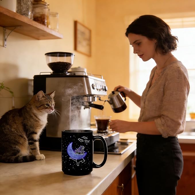 Halloween Witchy Cat Coffee Mug, 15oz Large Tea Cup, Black | Ceramic, With Handle, Celestial Moon Star Design, Gothic Home Decor, Novelty Spooky Gifts for Cat Lovers, Women, Men - Image 8