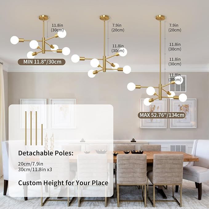 Sputnik Chandeliers Moderna Light Fixture, 6 Lights Gold Mid Century Ceiling Chandelier, Height Adjustable for Living Room, Kitchen, Dining Room, Bedroom,Foyer - Image 5