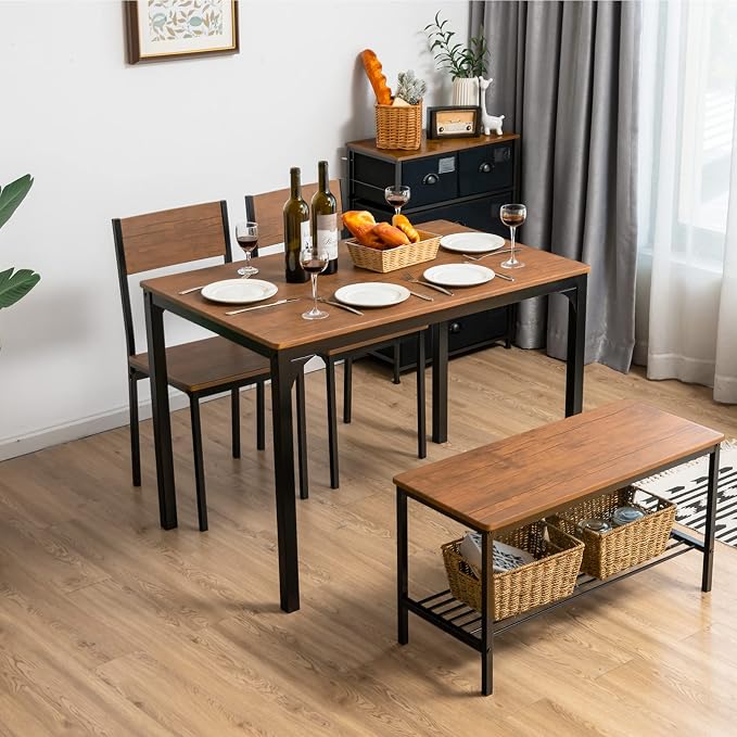 Giantex Dining Table Set for 4, 43" Kitchen Table and Chairs, Dining Bench with Metal Frame & Storage Rack, 4-Piece Modern Functional Desk Set for Dinette, Small Space, Apartment, Restaurant, Walnut - Image 2