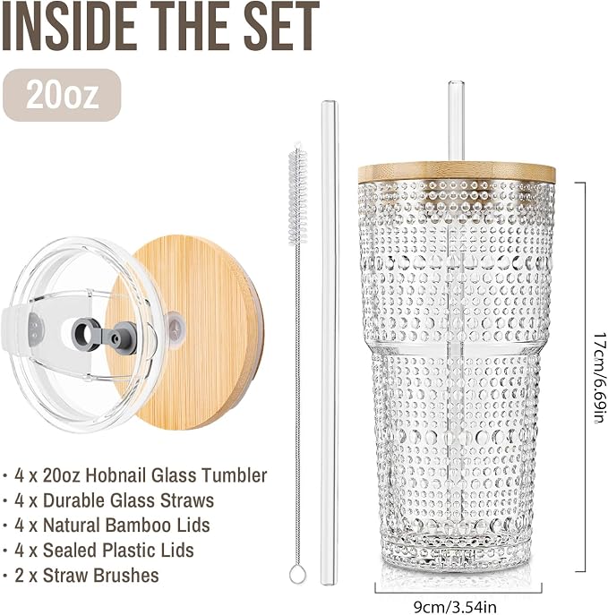SoulTimes 20oz Hobnail Glass Tumbler with Bamboo Lids and Straws - Iced Coffee Glass Cups for Smoothie, Matcha, Juice, Water etc. Leakproof and Reusable Glassware Drinking for Travel To Go [4 Pcs] - Image 3