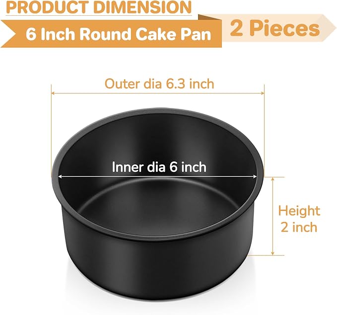 E-far 6x2 Inch Cake Pans Set, 2 Pieces Nonstick Round Cake Pans Tins for Baking Small Birthday Wedding Layer Smash Cakes, Stainless Steel Core & Nontoxic Coating, Straight Side(Black) - Image 2