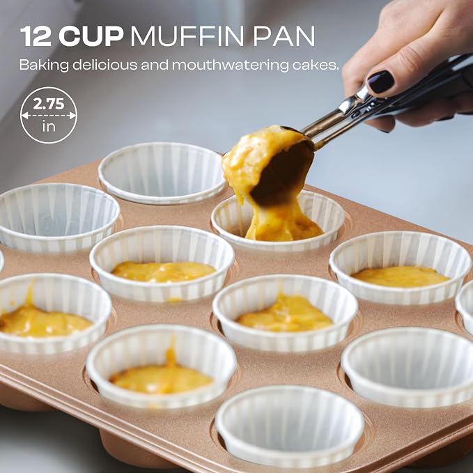 12-Piece Nonstick Bakeware Set with Baking Pan - Ceramic Coated Gold | Baking Set with Baking Pan, Cake Pan, Muffin Pan, Loaf Pan, Square Pan, Roasting Pan, Cookie Pan, Cooling Rack & Utensils - Image 4