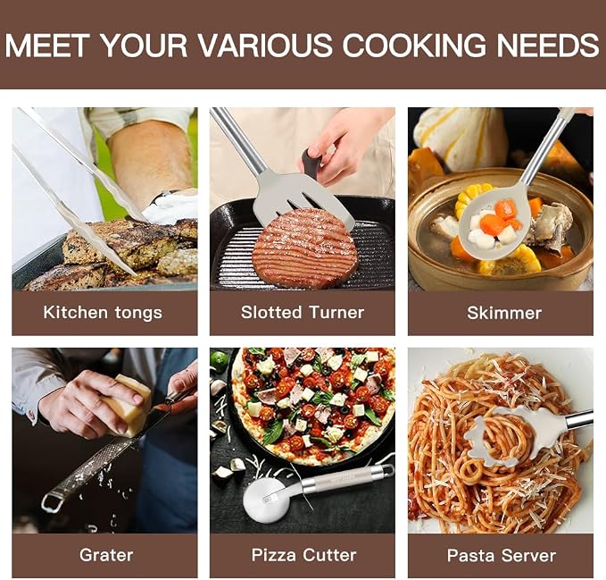 Kitchen Utensils Set-Silicone Cooking Utensils-33pcs Non-Stick Silicone Cooking Kitchen Utensils Spatula Set with Holder-Best Kitchen Cookware with Stainless Steel Handle (Khaki) - Image 8