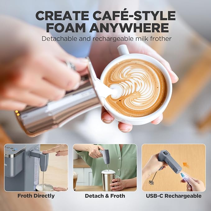 Tastyle Single Serve Coffee Maker with Built-in Detachable Milk Frother | For K Cups & Grounds, 40oz Removable Water Tank, 6 Brew Sizes, 2 Drip Trays, BPA Free, Fits 7.3" Travel Mug, K330MF, Gray - Image 4